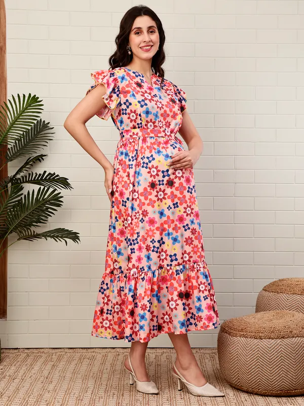 Moms_Maternity_Women's_Floral_Printed_Crepe_Peach_Color_Maxi_Dress