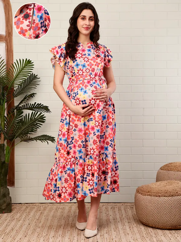 Moms_Maternity_Women's_Floral_Printed_Crepe_Peach_Color_Maxi_Dress
