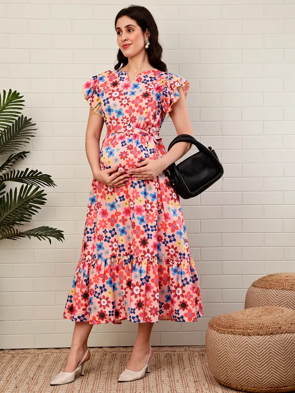 Moms_Maternity_Women's_Floral_Printed_Crepe_Peach_Color_Maxi_Dress