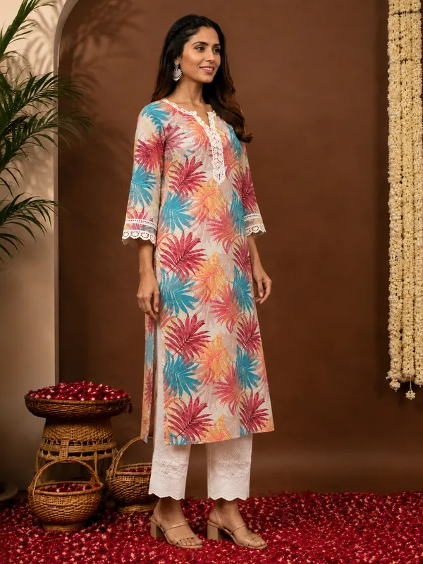 Moms_Maternity_Women's_Pure_Cotton_Floral_Printed_Lace_V_Neck_Kurti