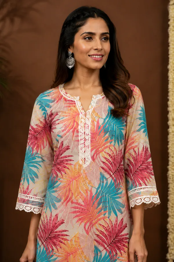 Moms_Maternity_Women's_Pure_Cotton_Floral_Printed_Lace_V_Neck_Kurti