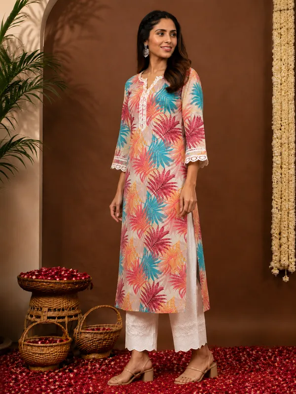 Moms_Maternity_Women's_Pure_Cotton_Floral_Printed_Lace_V_Neck_Kurti