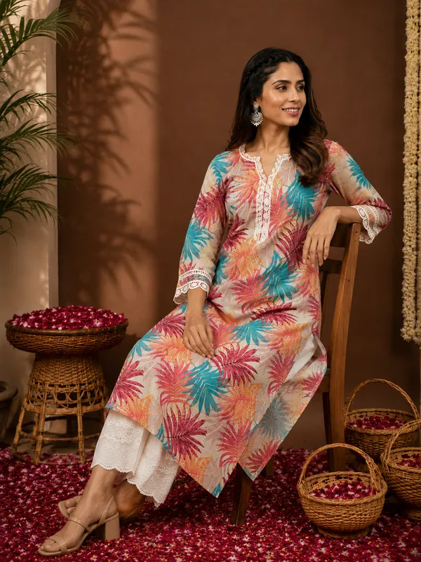 Moms_Maternity_Women's_Pure_Cotton_Floral_Printed_Lace_V_Neck_Kurti