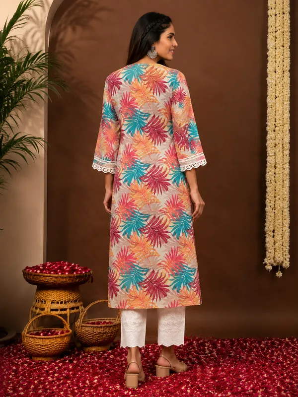 Moms_Maternity_Women's_Pure_Cotton_Floral_Printed_Lace_V_Neck_Kurti