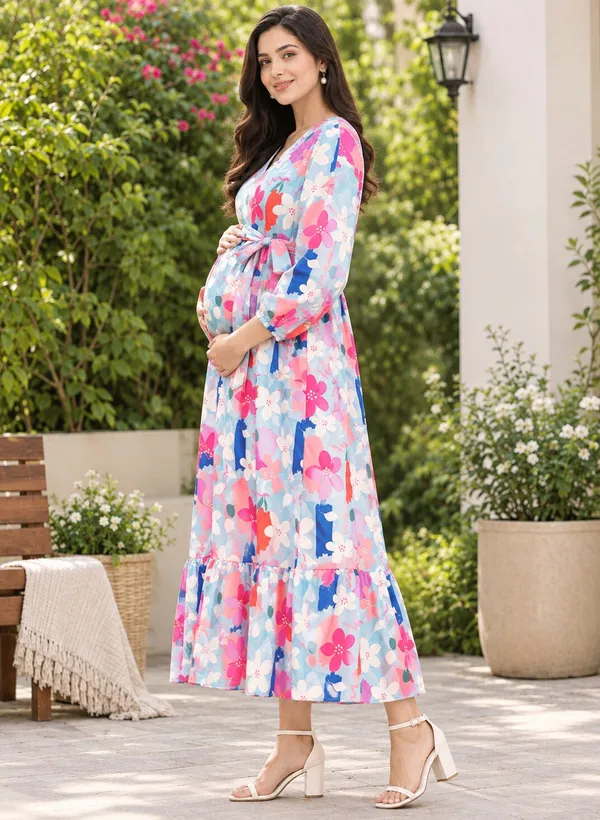 Moms_Maternity_Women's_V_Neck_Floral_Printed_Midi_Maternity_Dress