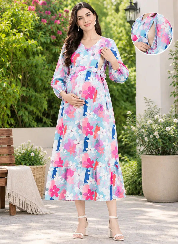 Moms_Maternity_Women's_V_Neck_Floral_Printed_Midi_Maternity_Dress