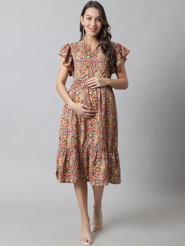 Maternity_Crepe_Beige_Leaf_Print_Midi_Dress_For_Women