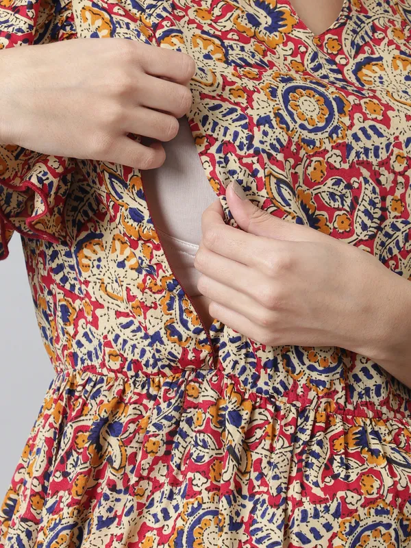 Maternity_Crepe_Beige_Leaf_Print_Midi_Dress_For_Women