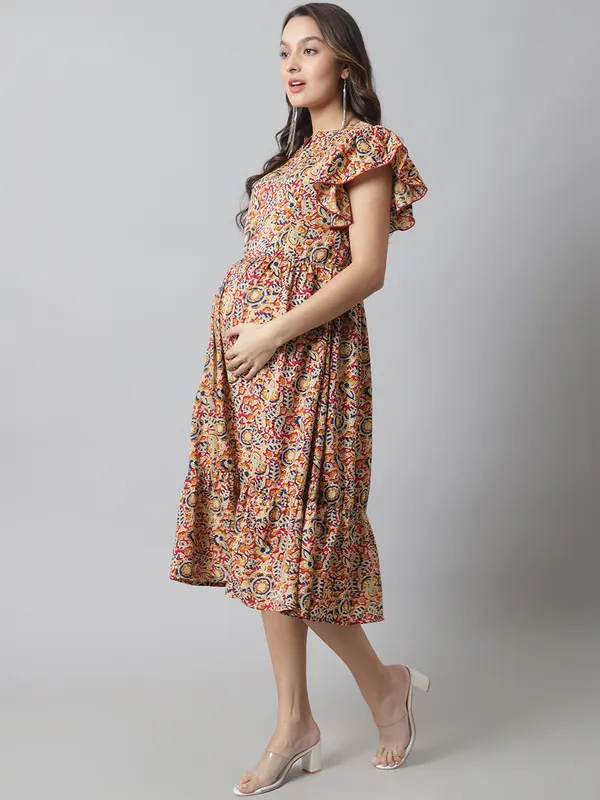 Maternity_Crepe_Beige_Leaf_Print_Midi_Dress_For_Women
