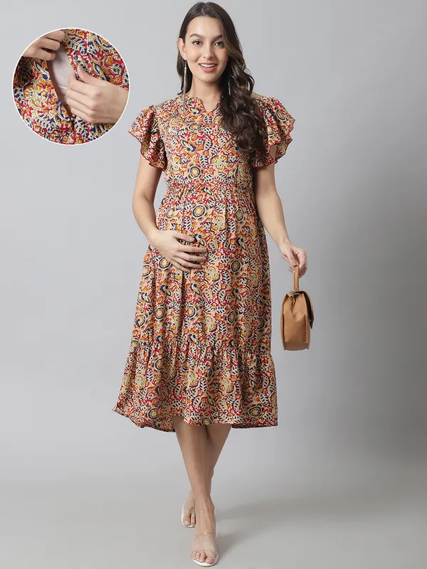 Maternity_Crepe_Beige_Leaf_Print_Midi_Dress_For_Women