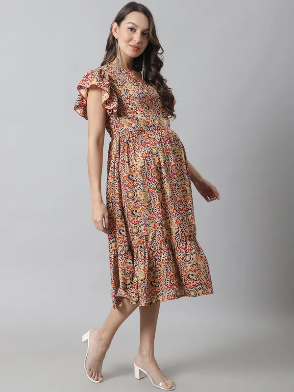 Maternity_Crepe_Beige_Leaf_Print_Midi_Dress_For_Women
