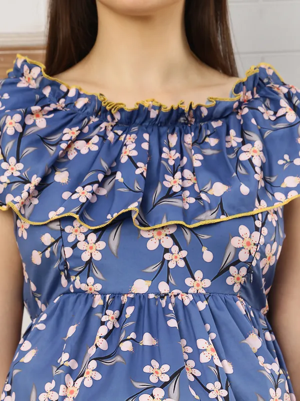 Moms_Maternity_Women's_Floral_Print_Crepe_Blue_Color_Ruffled_Round_Neck_Midi_Dress