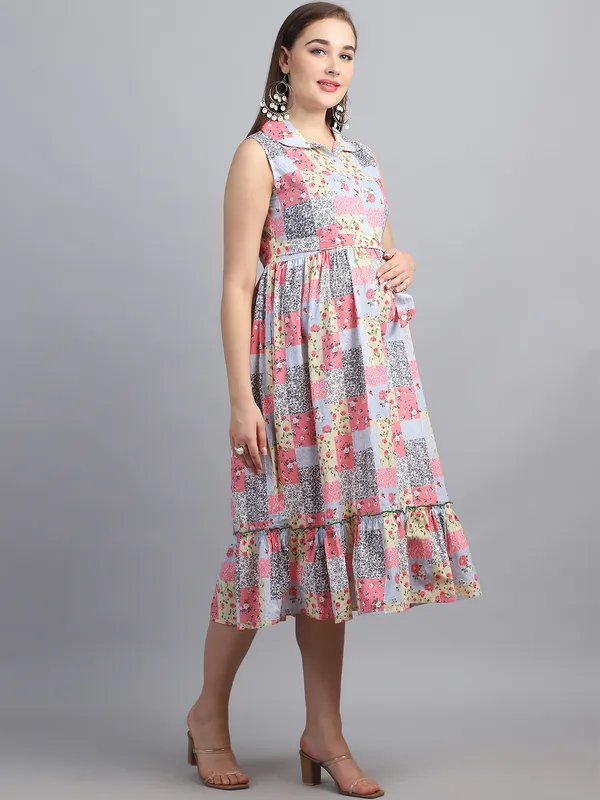 Floral_Printed_Shirt_Collar_Cotton_Maternity_Midi_Dress_For_Women