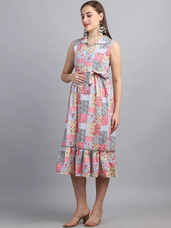 Floral_Printed_Shirt_Collar_Cotton_Maternity_Midi_Dress_For_Women