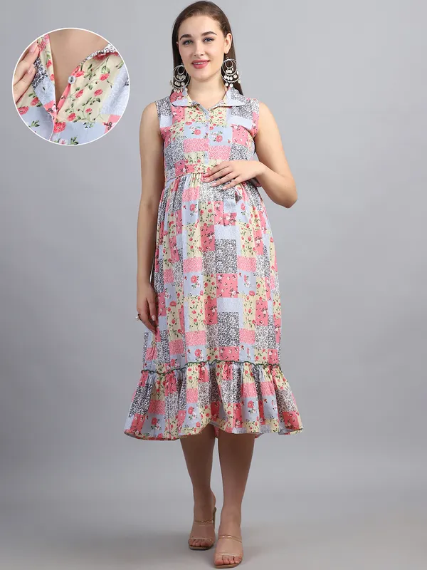 Floral_Printed_Shirt_Collar_Cotton_Maternity_Midi_Dress_For_Women