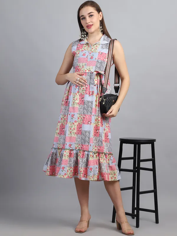 Floral_Printed_Shirt_Collar_Cotton_Maternity_Midi_Dress_For_Women