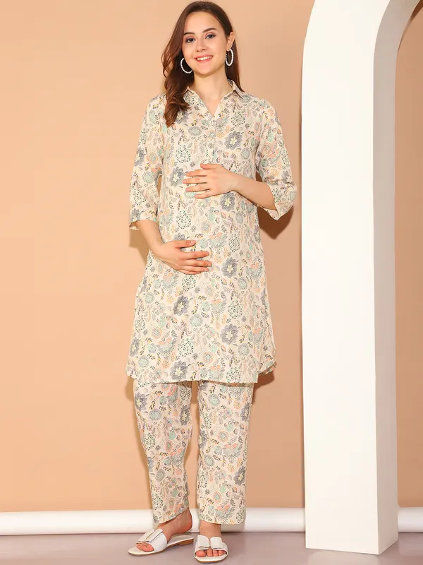 Beige_Cotton_Slub_Shirt_Collar_Maternity_A-Line_Kurta_With_Trousers_For_Women