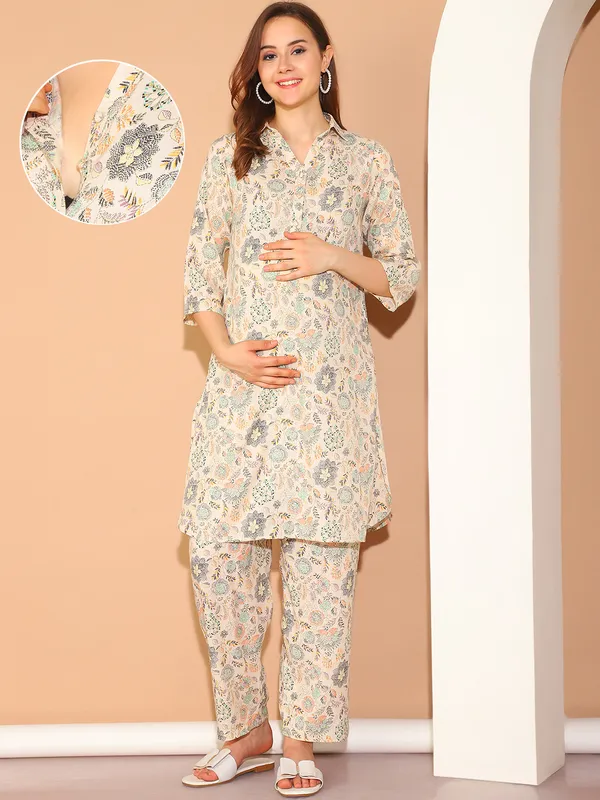 Beige_Cotton_Slub_Shirt_Collar_Maternity_A-Line_Kurta_With_Trousers_For_Women
