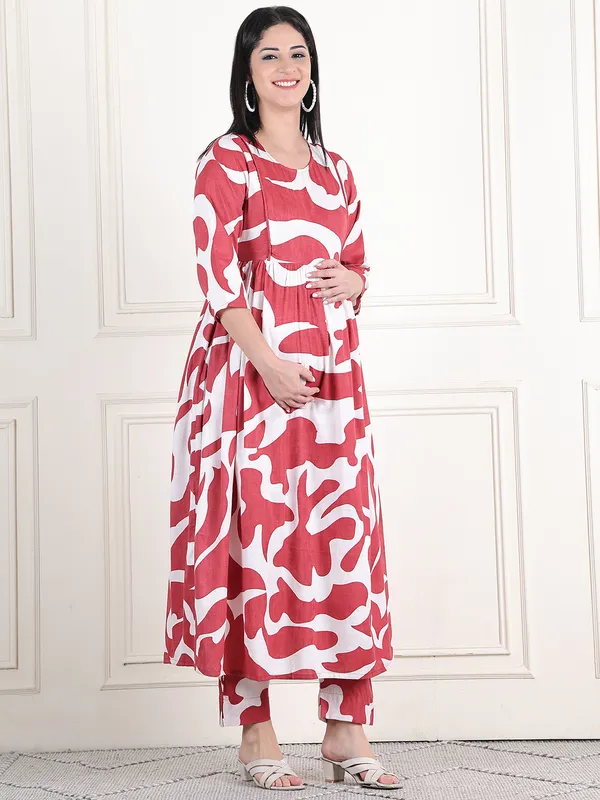 Moms_Maternity_Women's_Graphic_Print_Cotton_Slub_Maroon_Maternity_Anarkali_Midi_Kurta_Dress