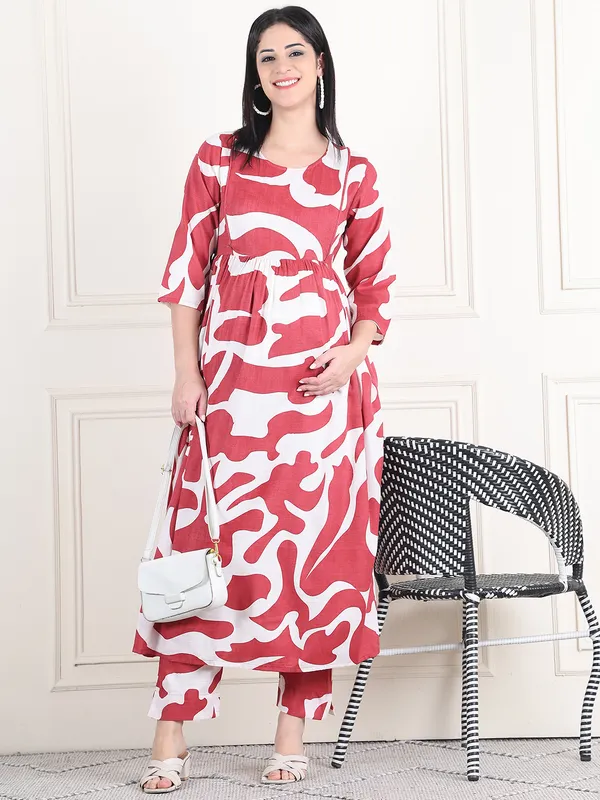 Moms_Maternity_Women's_Graphic_Print_Cotton_Slub_Maroon_Maternity_Anarkali_Midi_Kurta_Dress