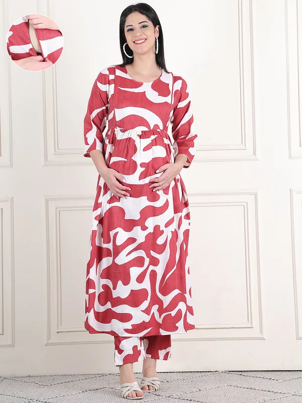 Moms_Maternity_Women's_Graphic_Print_Cotton_Slub_Maroon_Maternity_Anarkali_Midi_Kurta_Dress