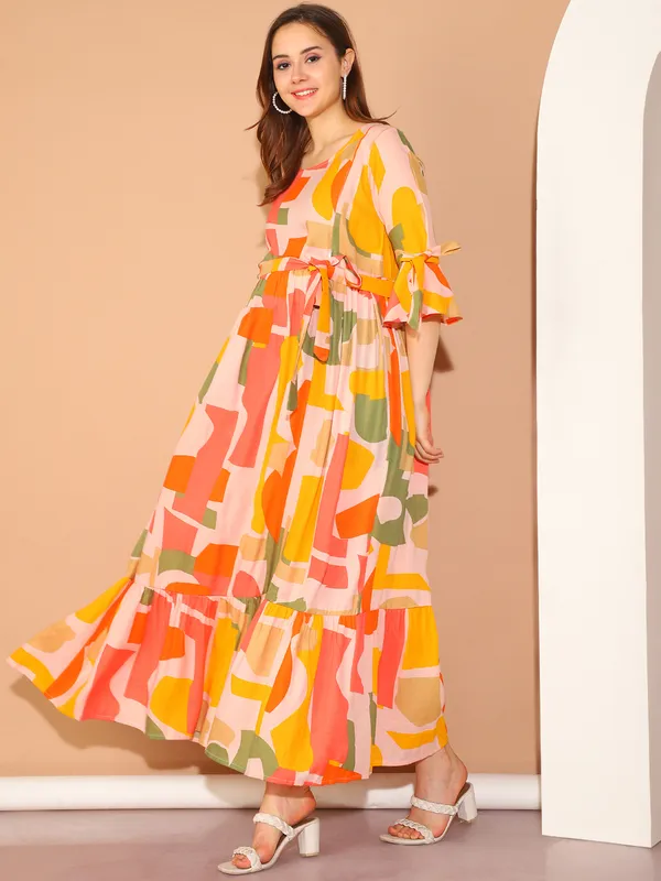 Yellow_Geomatric_Print_Cotton_Slub_Maternity_Maxi_Dress_For_Women
