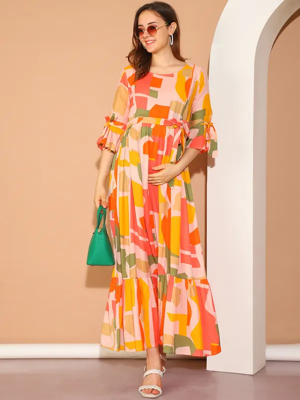 Yellow_Geomatric_Print_Cotton_Slub_Maternity_Maxi_Dress_For_Women