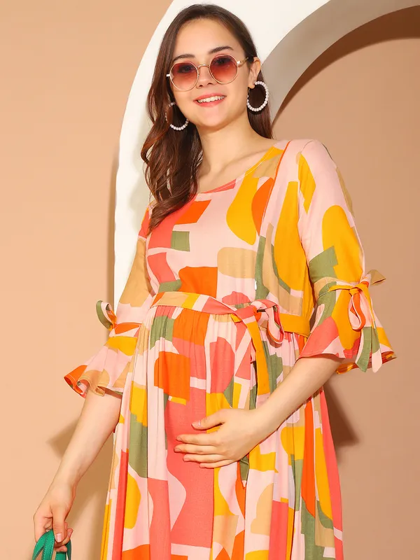 Yellow_Geomatric_Print_Cotton_Slub_Maternity_Maxi_Dress_For_Women