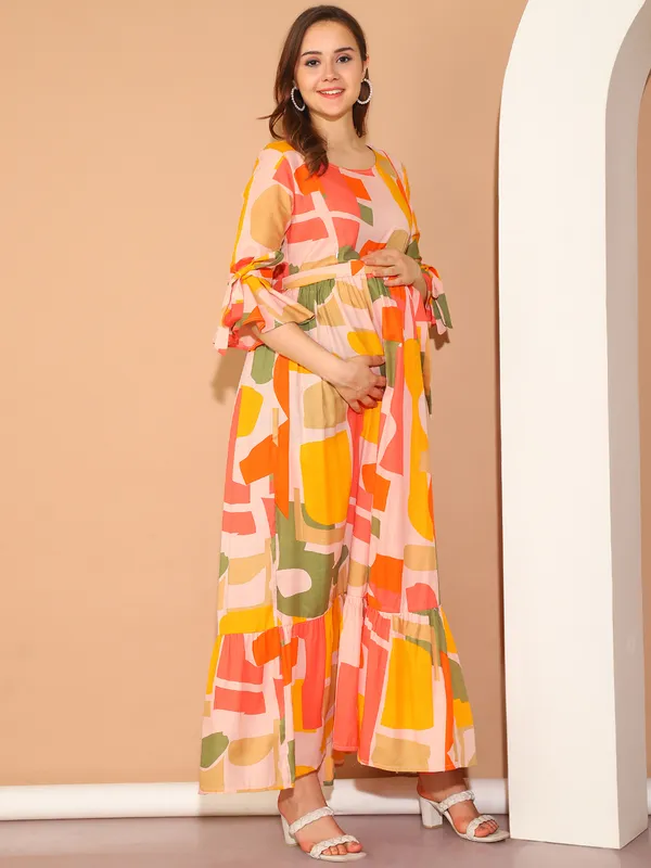 Yellow_Geomatric_Print_Cotton_Slub_Maternity_Maxi_Dress_For_Women