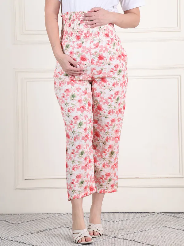 Floral_Print_Cotton_Slub_High_Waist_Smoking_Maternity_Trouser_For_Women