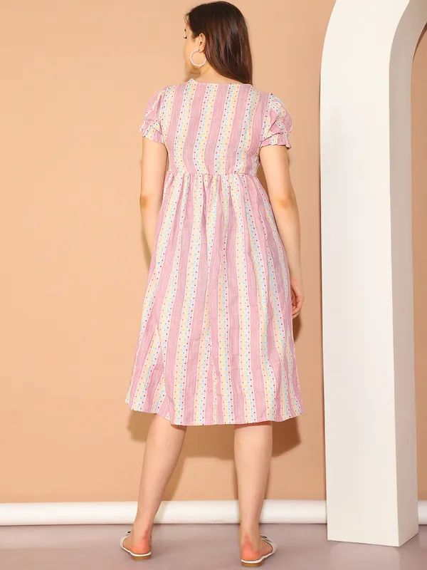Pink_Ikkat_Print_Khadi_Cotton_Maternity_Dress_For_Women