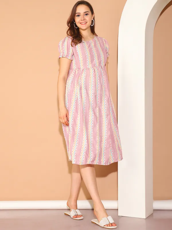 Pink_Ikkat_Print_Khadi_Cotton_Maternity_Dress_For_Women