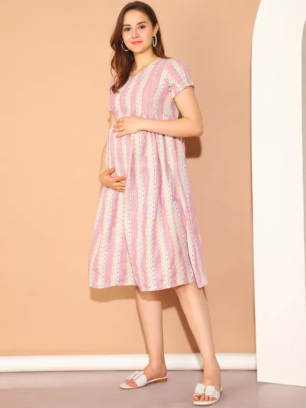 Pink_Ikkat_Print_Khadi_Cotton_Maternity_Dress_For_Women