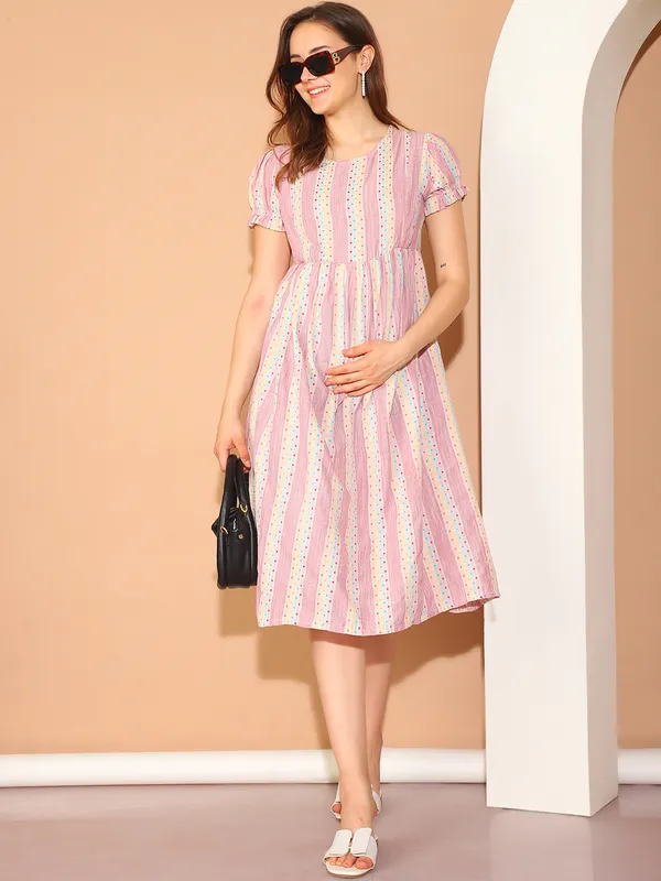 Pink_Ikkat_Print_Khadi_Cotton_Maternity_Dress_For_Women