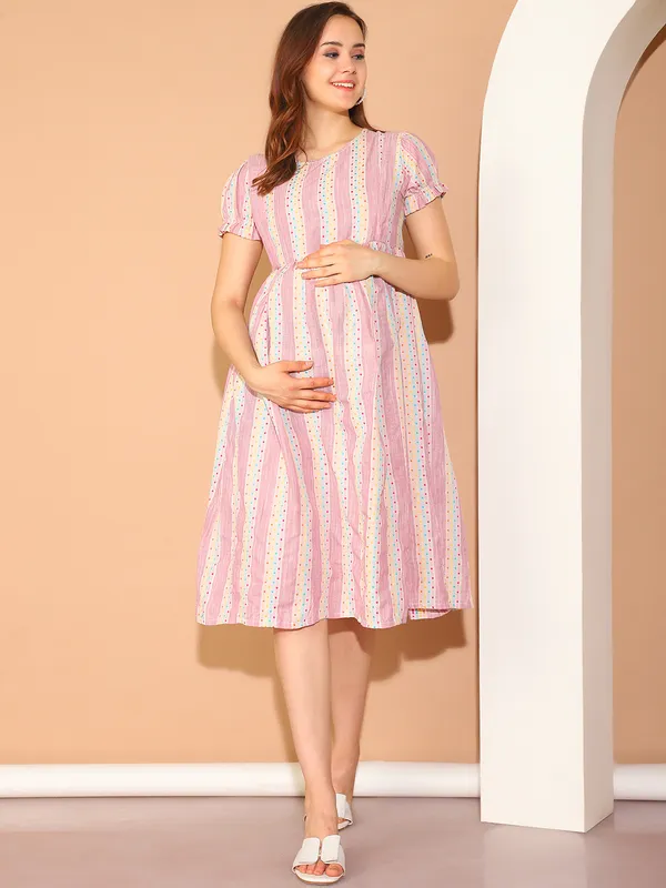 Pink_Ikkat_Print_Khadi_Cotton_Maternity_Dress_For_Women