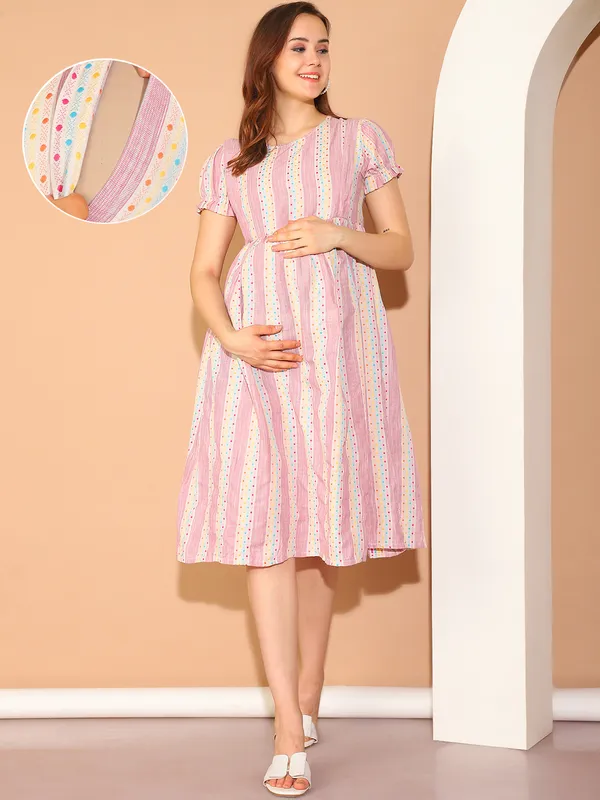 Pink_Ikkat_Print_Khadi_Cotton_Maternity_Dress_For_Women