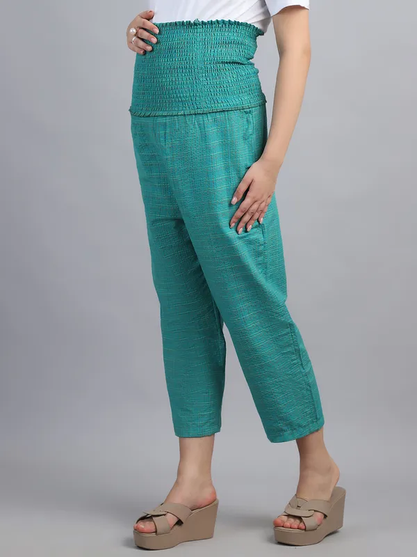 Green_Checked_Printed_Khadi_Cotton_Maternity_High_Waist_Joggers_For_Women
