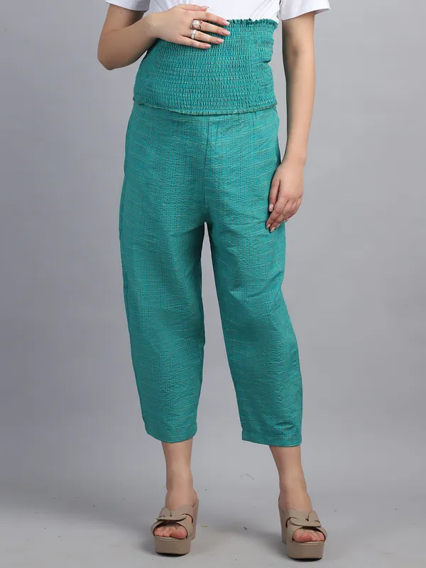 Green_Checked_Printed_Khadi_Cotton_Maternity_High_Waist_Joggers_For_Women