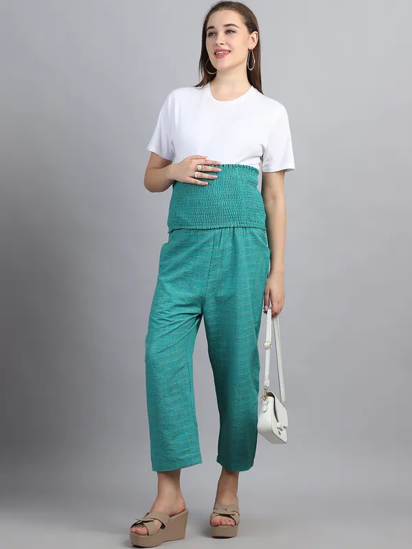 Green_Checked_Printed_Khadi_Cotton_Maternity_High_Waist_Joggers_For_Women