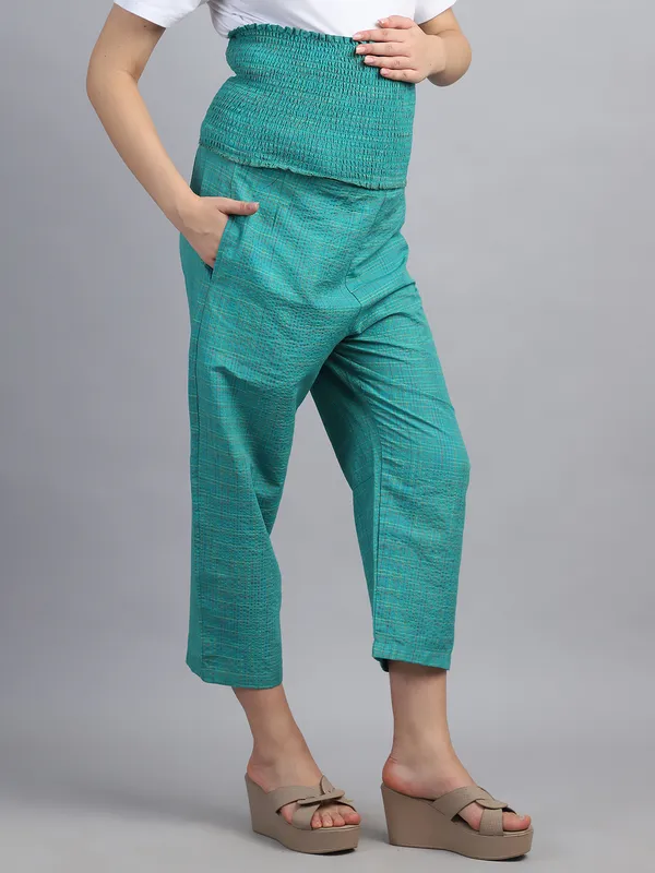 Green_Checked_Printed_Khadi_Cotton_Maternity_High_Waist_Joggers_For_Women