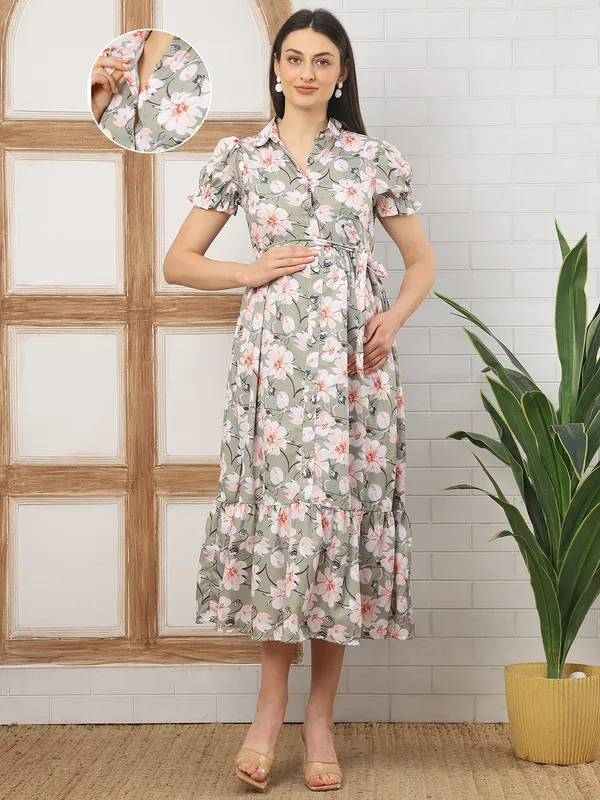 Moms_Maternity_Women's_Floral_Print_Crepe_Green_Color_Shirt_Collar_Neck_Midi_Dress