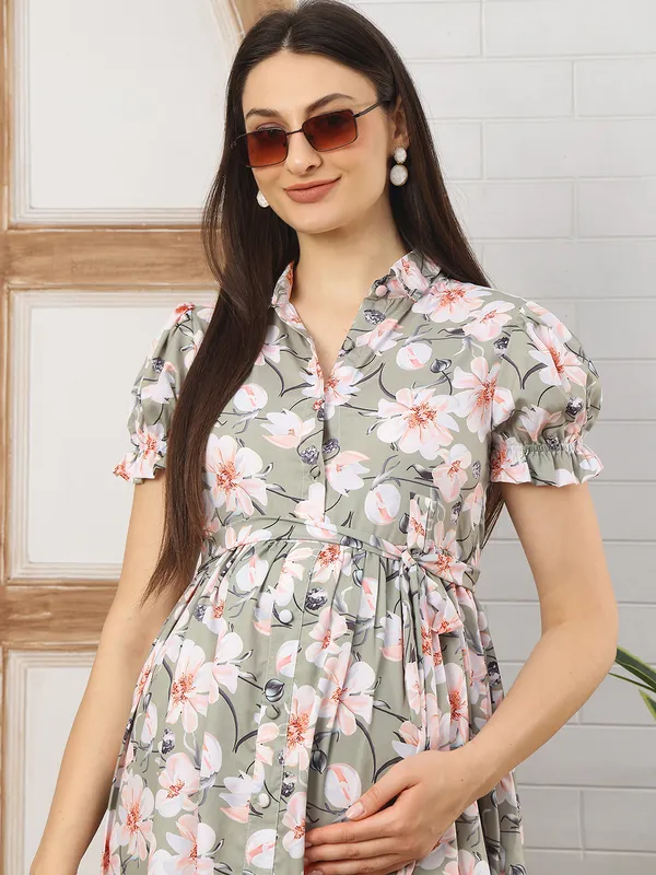 Moms_Maternity_Women's_Floral_Print_Crepe_Green_Color_Shirt_Collar_Neck_Midi_Dress