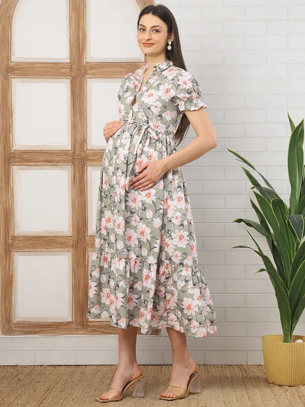 Moms_Maternity_Women's_Floral_Print_Crepe_Green_Color_Shirt_Collar_Neck_Midi_Dress
