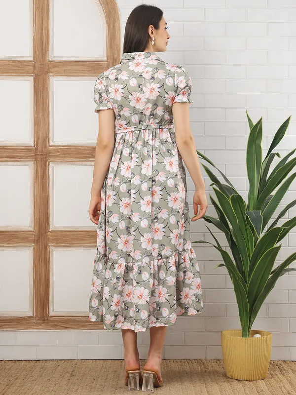 Moms_Maternity_Women's_Floral_Print_Crepe_Green_Color_Shirt_Collar_Neck_Midi_Dress