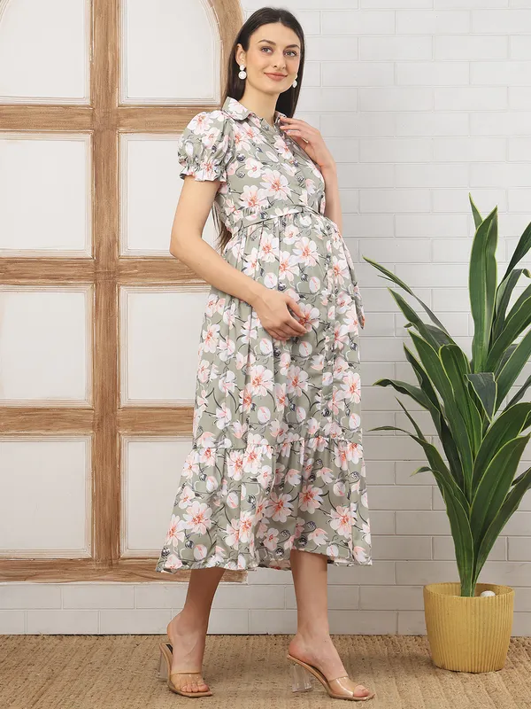 Moms_Maternity_Women's_Floral_Print_Crepe_Green_Color_Shirt_Collar_Neck_Midi_Dress