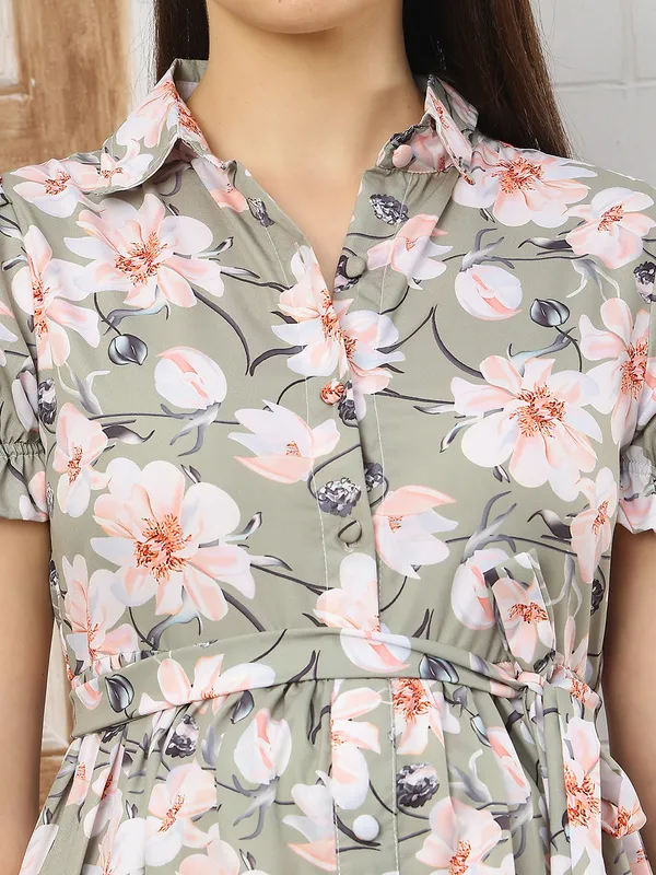 Moms_Maternity_Women's_Floral_Print_Crepe_Green_Color_Shirt_Collar_Neck_Midi_Dress