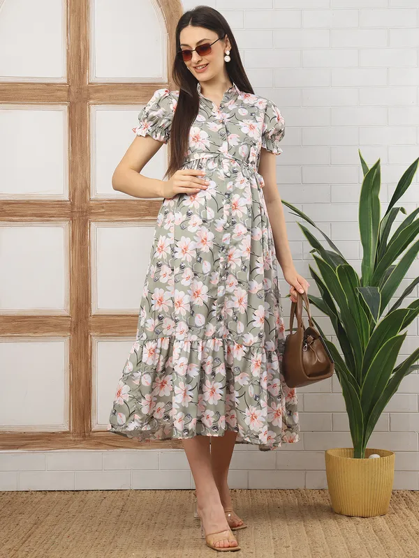 Moms_Maternity_Women's_Floral_Print_Crepe_Green_Color_Shirt_Collar_Neck_Midi_Dress