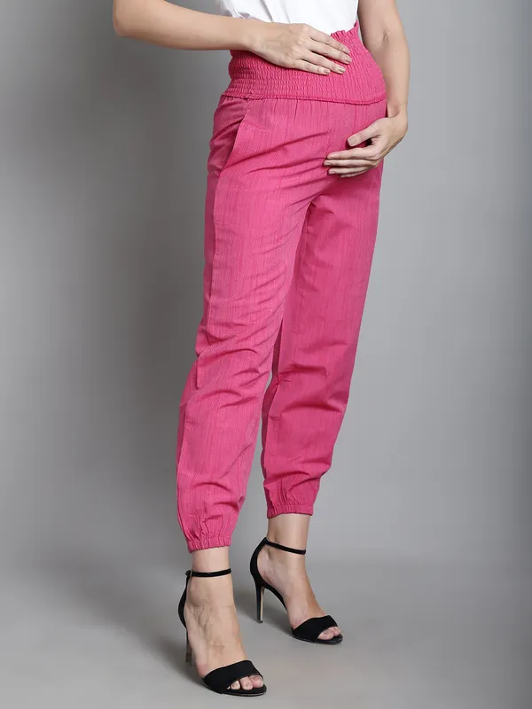 Maroon_Solid_Sustainable_Cotton_Ankel_Length_High_Rise_Maternity_Trouser_For_Women