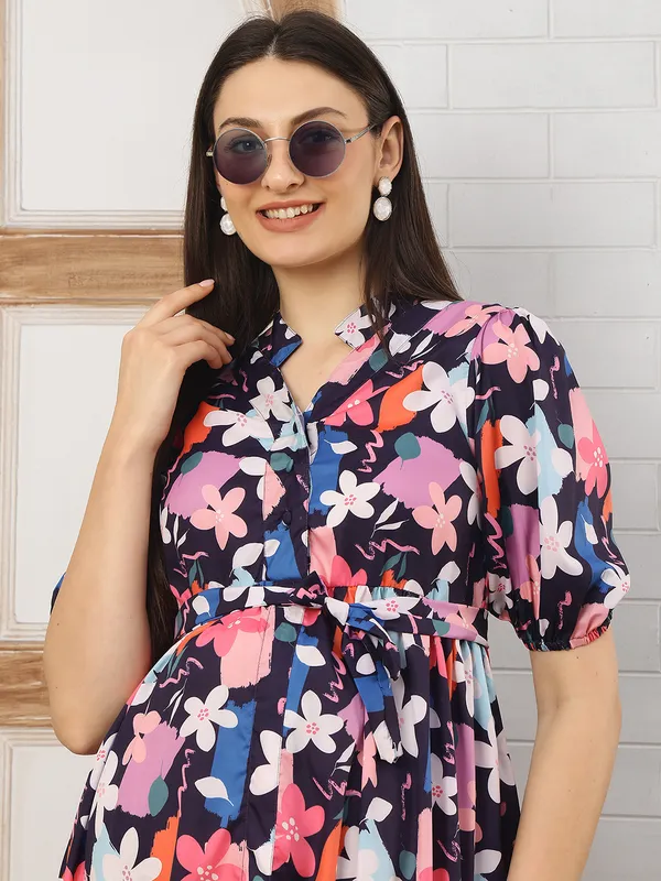 Moms_Maternity_Women's_Floral_Print_Navy_Blue_Color_Maternity_Midi_Dress