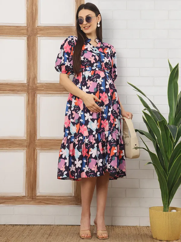 Moms_Maternity_Women's_Floral_Print_Navy_Blue_Color_Maternity_Midi_Dress